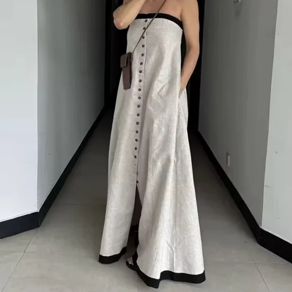 Women Dressess BacklessSleeveless Single Breasted Maxi Dress Female Summer